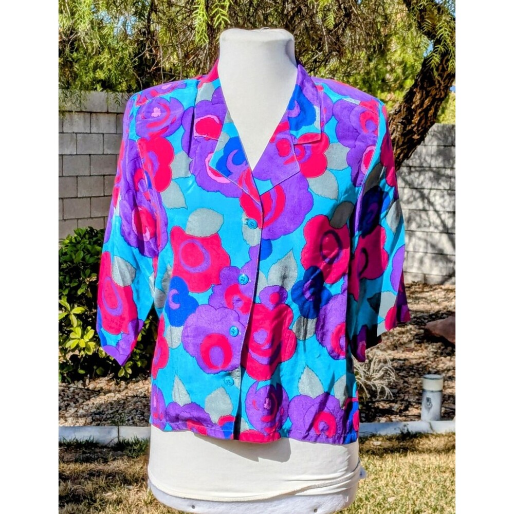 1980s Irka Button-Down Sz 4 Floral Silk Multicolored Loose Blouse Shirt Top EUC